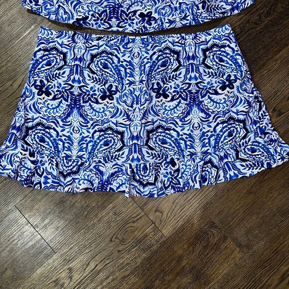 SWIMSUITS FOR ALL One Shoulder Tankini sz 22 Blue Batik Style Ruffle 2pc - Picture 3 of 12